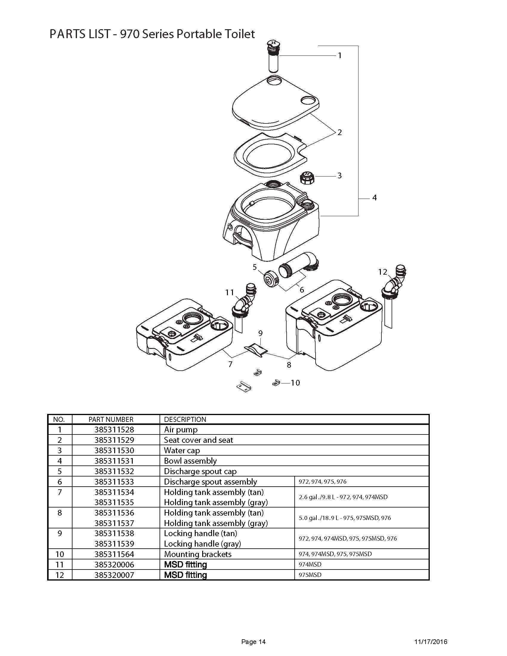 Sealand Dometic 972 Portable Toilet Spare Parts